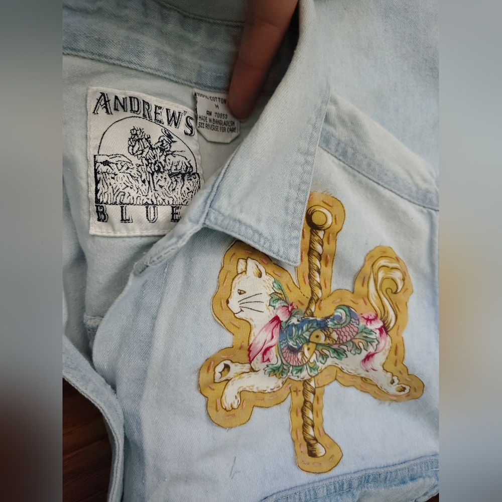 Custom vintage 90s carousel cats sleeveless denim button down Size M - Picture 4 of 6